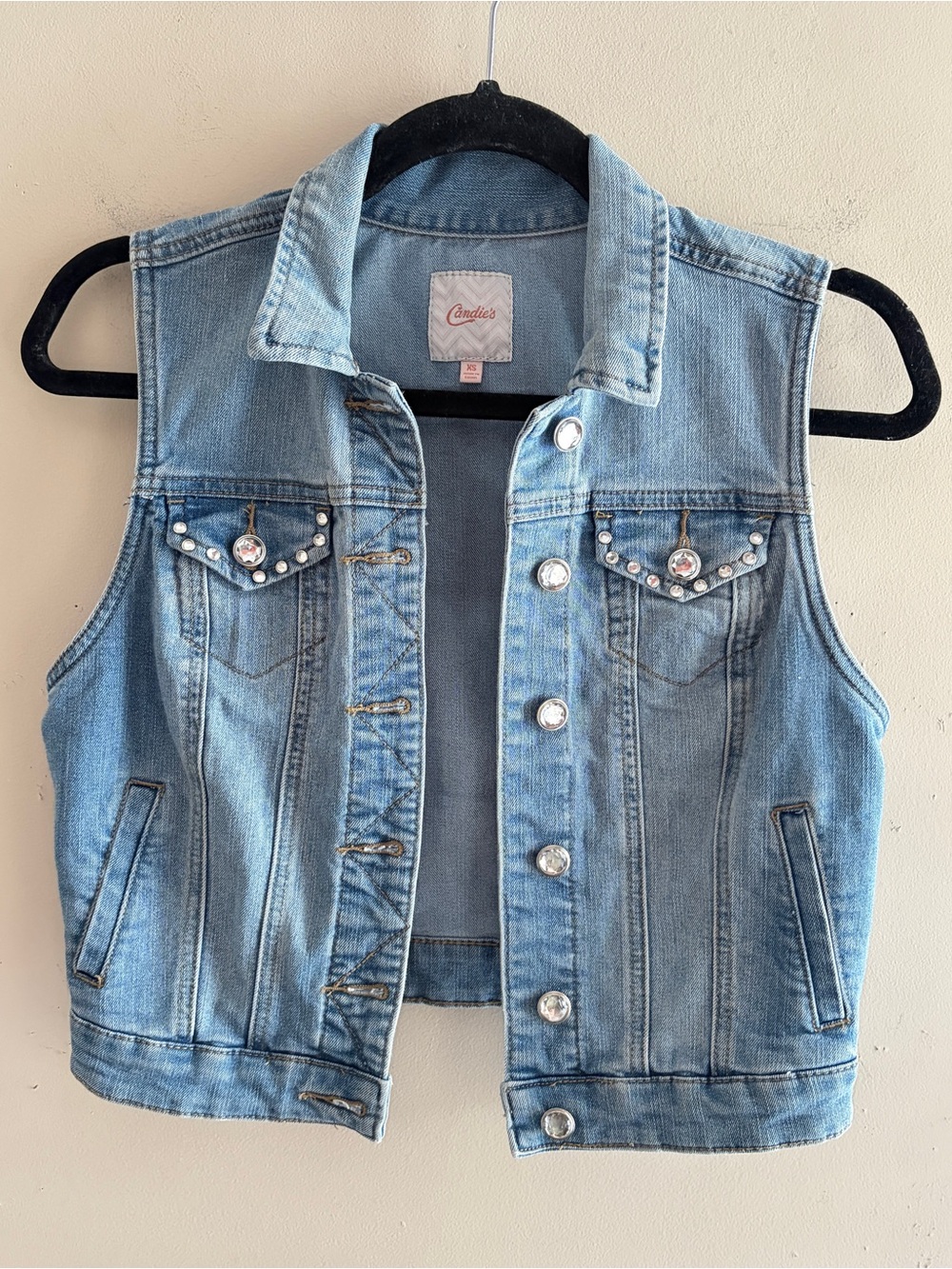 CANDIE'S Rhinestone Embellished Denim Light Wash Cropped Vest, XS